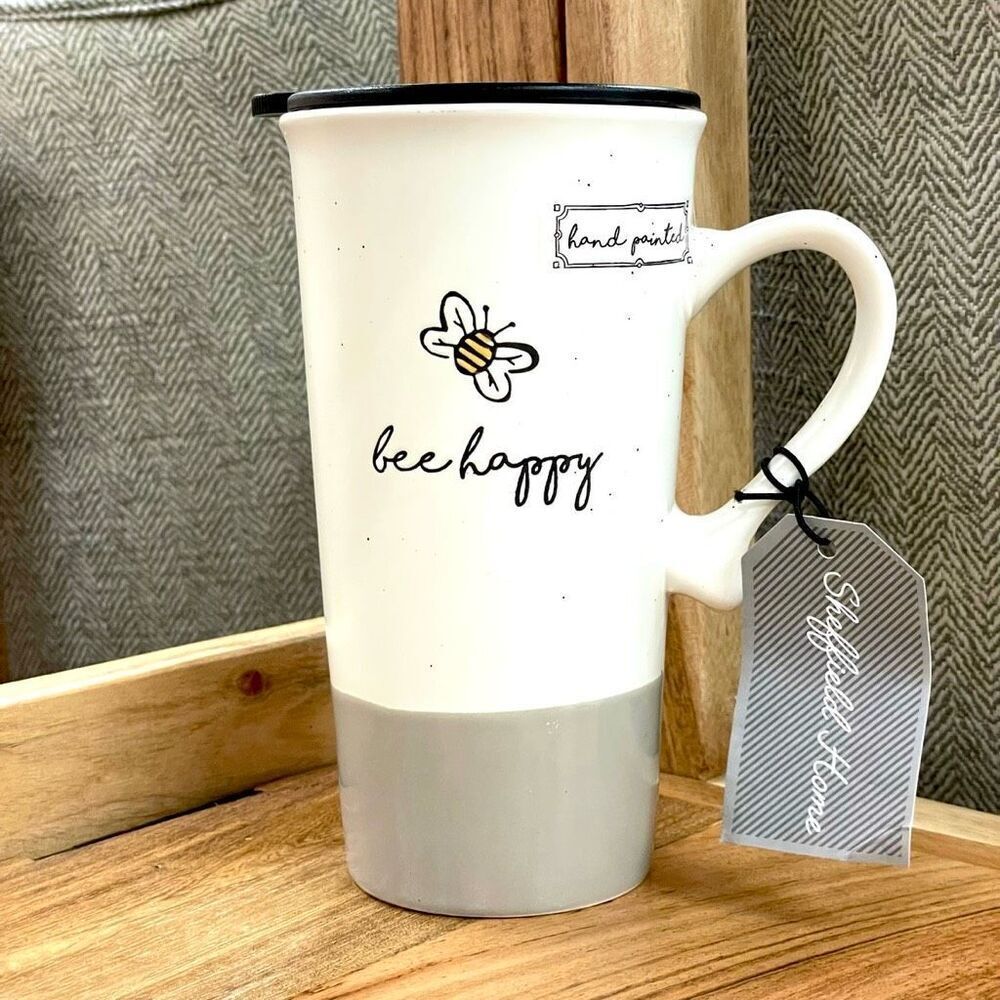 NWT Sheffield Home Gorgeous Bee happy Grey White Tall Travel Coffee Mug with Lid